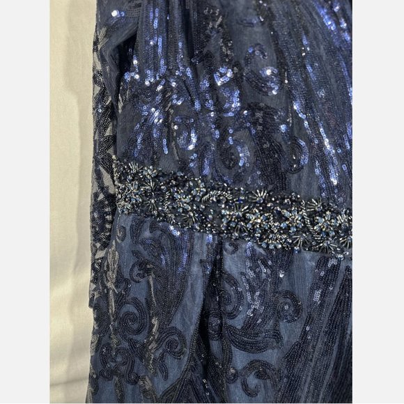 NWT $598 Mac Duggal [ 18 ] Damask Sequin Long‎ Sleeve Gown in Midnight Blue - Picture 10 of 16